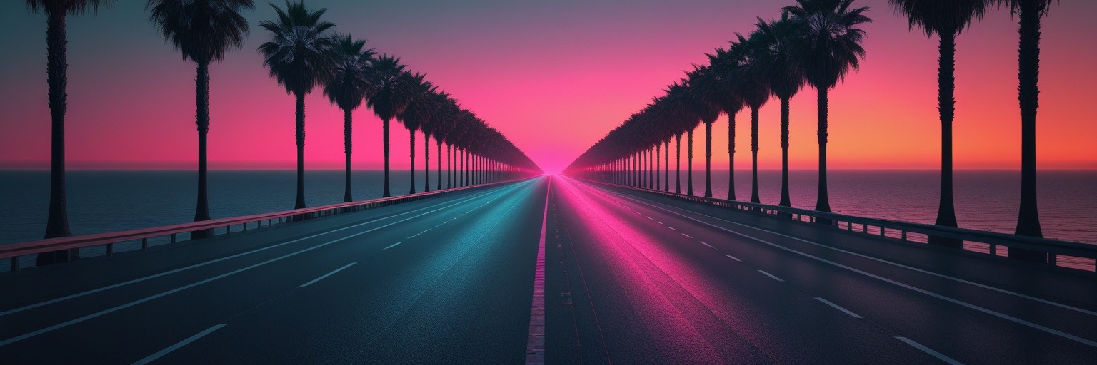 An empty palm-lined highway stretching toward a distant sunset.