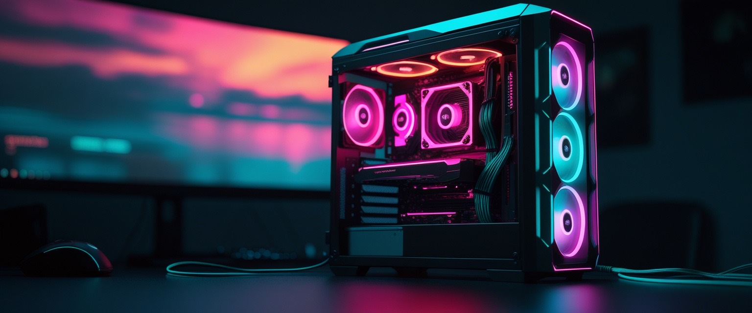 A gaming PC glowing pink and teal in a dark room, idle and waiting.